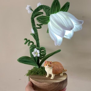 Lámparas de mesa con luz de noche de gato, orquídea y campana únicas hechas a mano, lámpara de mesa con flores, lámpara de noche con flores, decoración y regalos para el hogar, regalo de flores personalizado