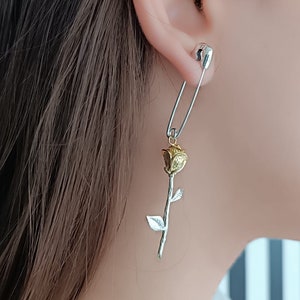 Single Rose Pin Drop Earring-Safety Pin Earring-Rose Earrings-Sahmaran Earring-Dainty Rose Earring-Safety Pin Jewelry-Birthday Gift-Gift image 1