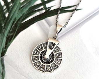 Sterling Silver Zodiac Rotating Disc Pendant: Astrology Necklace