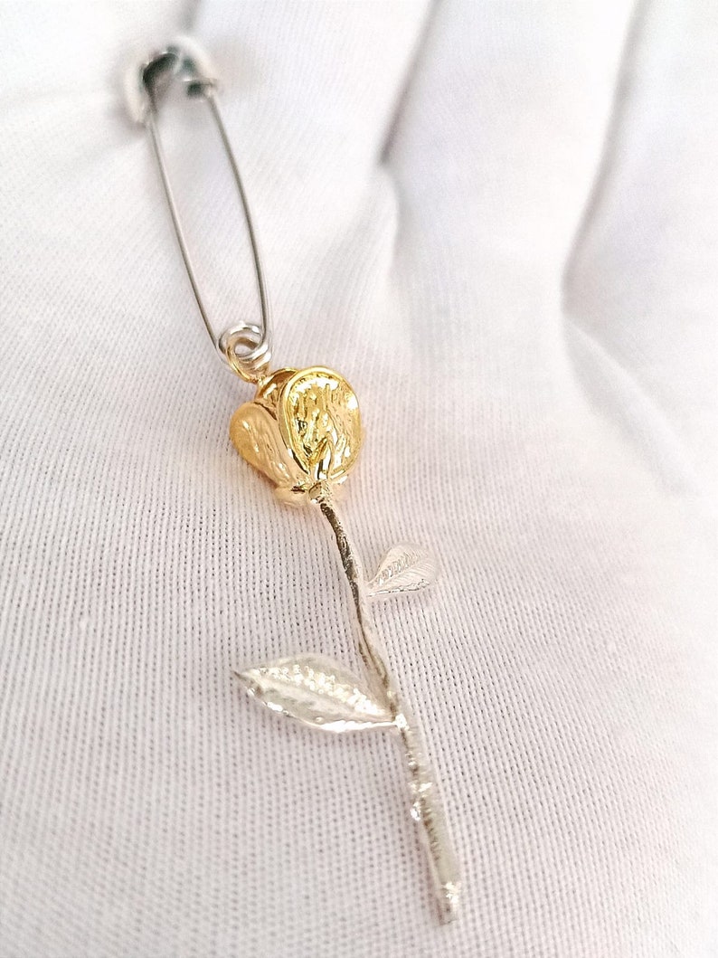 Single Rose Pin Drop Earring-Safety Pin Earring-Rose Earrings-Sahmaran Earring-Dainty Rose Earring-Safety Pin Jewelry-Birthday Gift-Gift image 6