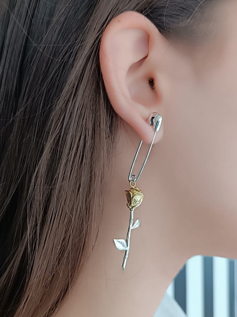 Single Rose Pin Drop Earring-Safety Pin Earring-Rose Earrings-Sahmaran Earring-Dainty Rose Earring-Safety Pin Jewelry-Birthday Gift-Gift image 1
