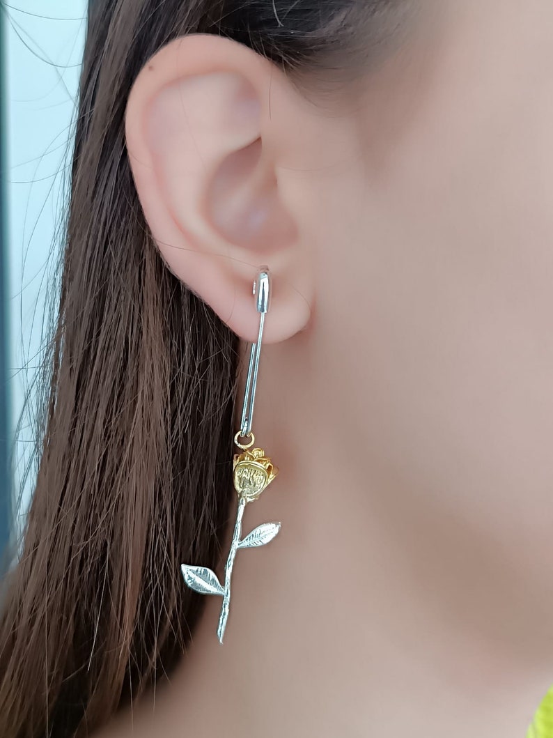 Single Rose Pin Drop Earring-Safety Pin Earring-Rose Earrings-Sahmaran Earring-Dainty Rose Earring-Safety Pin Jewelry-Birthday Gift-Gift image 2