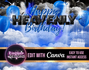 Blue Black Heavenly Birthday Forever In Our Hearts Angel Wings Memorial PNG add photo rest in peace template for funeral RIP Memorial