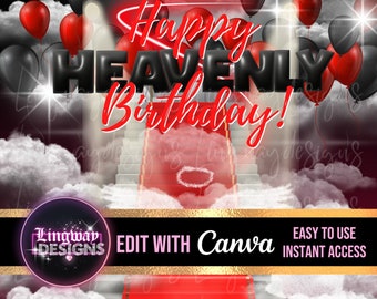 Red Black Happy Heavenly Birthday Forever In Our Hearts Angel Wings Memorial PNG add photo rest in peace template for funeral RIP Memorial
