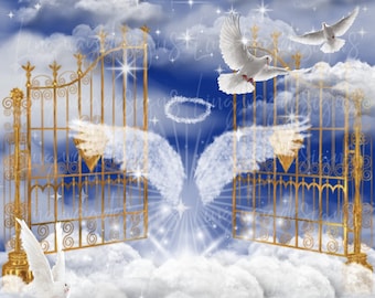 【降り注ぐ金色の光】,天使,angel,空,青空,光,ブルー,青,青い鳥,抽象画 青空、金色、天国の門、天使の翼の記念碑 PNG 写真を追加 葬儀用