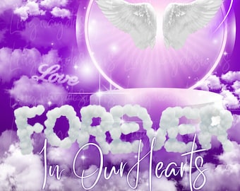 Purple Forever In Our Hearts Heaven Angel Wings Memorial PNG add photo rest in peace template for funeral RIP memorial
