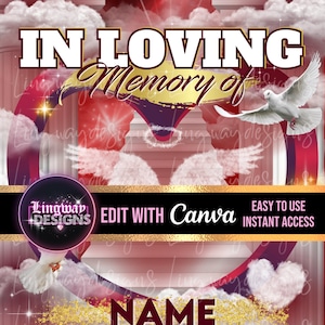 Burgundy Gold In Loving Memory Heaven Heart Angel Memorial PNG add photo rest in peace template for funeral RIP memorial