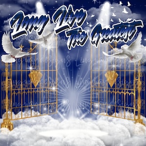 May include: A blue and gold digital art print with a pair of golden gates opening to a cloudy sky. The text "Long Live The Greatest Forever In Our Hearts" is written in a bold, blue font.