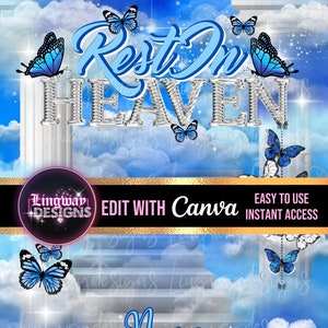Blue Silver Rest In Heaven Stairs Butterflies Missing You Angel Memorial PNG add photo rest in peace template for funeral RIP memorial