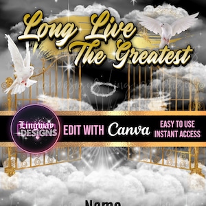 Black Sky Gold Heavens Gate Long Live The Greatest Angel Wings Memorial PNG add photo rest in peace template for funeral RIP memorial