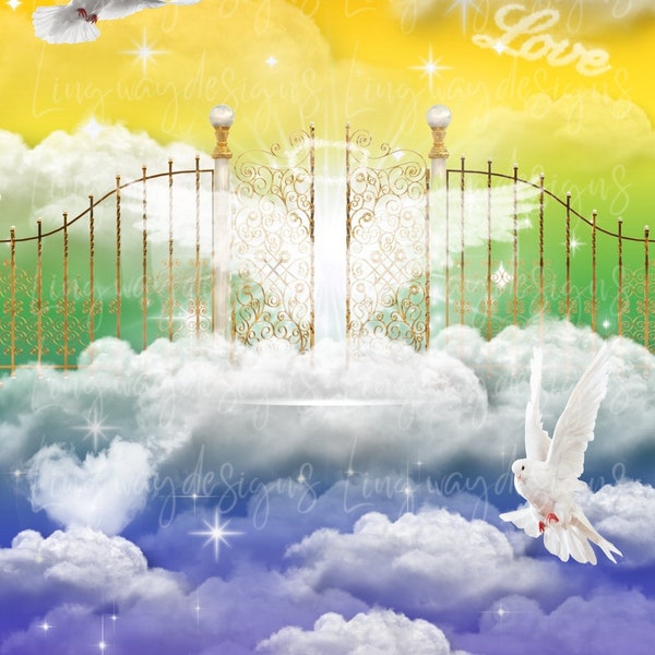 Rainbow Heavens Gate Background Instant Download Forever In Our Hearts Angel PNG add words photo rest in peace for funeral RIP Memorial