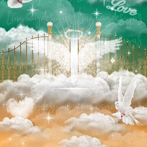 Green Orange Heavens Gate Background Instant Download Forever In Our Hearts PNG add words photo rest in peace for funeral RIP Memorial