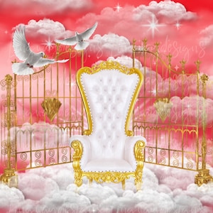 May include: A white throne chair with gold accents sits on a cloud in front of a golden gate. White doves fly above the gate, and white angel wings are on the ground. The background is a red sky with white clouds.