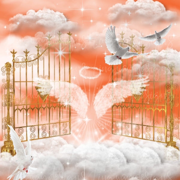 Orange Sky Gold Heavens Gate Angel Wings Memorial PNG add photo rest in peace template for funeral RIP memorial