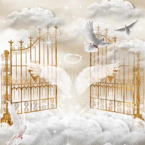 Tan Neutral Sky Gold Heavens Gate Angel Wings Memorial Background PNG add photo rest in peace for funeral RIP memorial