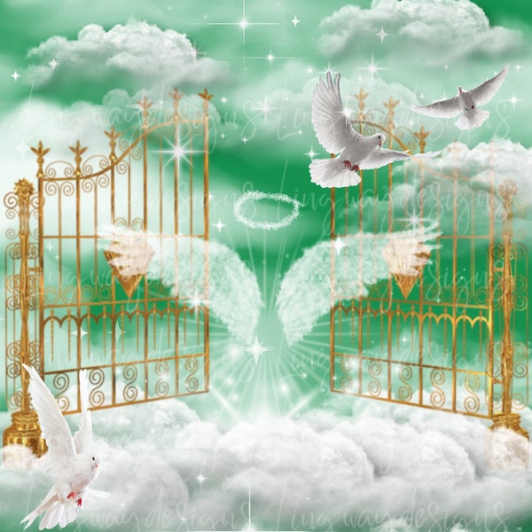 Green Sky Heaven Forever In Our Hearts Angel Wings Memorial Background PNG add photo rest in peace template for funeral RIP Memorial