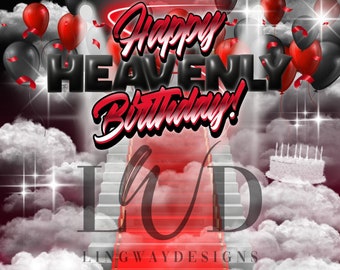 Red Black Heavens Stairway Happy Heavenly Birthday Memorial Background PNG add photo rest in peace for funeral RIP memorial