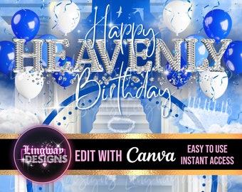 Blue Silver Heavenly Birthday Heaven Stairs Forever In Our Hearts Angel Wings PNG add photo rest in peace template for funeral RIP Memorial