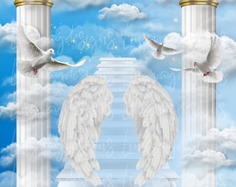 Sky Blue Heavens Stairway Angel Wings Memorial Background PNG add photo rest in peace template for funeral RIP Memorial