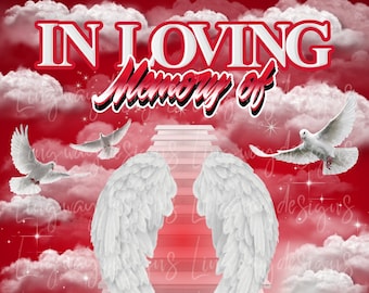 Red Heavens Stairway In Loving Memory Angel Wings Memorial Background PNG add photo rest in peace template for funeral RIP Memorial
