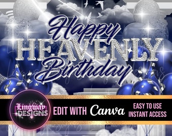 Navy Silver Heavenly Birthday Balloons Forever In Our Hearts Angel PNG add words photo rest in peace template for funeral RIP Memorial