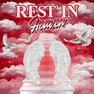 Red Heavens Stairway Rest In Heaven Angel Wings Memorial Background PNG add photo rest in peace template for funeral RIP Memorial