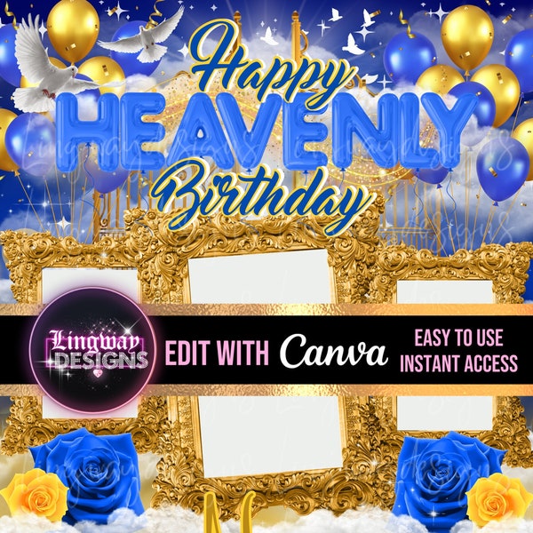 Blue Yellow Happy Heavenly Birthday Gold Frames Forever In Our Hearts Angel Wings Memorial PNG add photo rest in peace template RIP