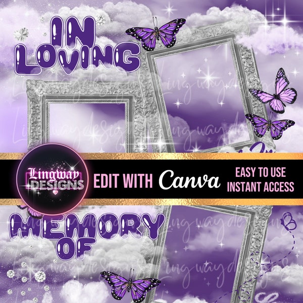 Purple Sky Silver Frames In Loving Memory Butterflies Forever In Our Hearts Heaven PNG add photo rest in peace template for funeral RIP