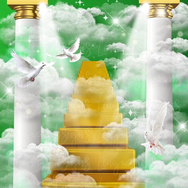 Green Sky Gold 24k Stairs Heavens Gate Background Angel Doves Memorial PNG add photo rest in peace template for funeral RIP memorial