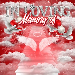 Red Silver In Loving Memory Christmas Heavens Gate Angel Wings Memorial Background PNG add photo rest in peace for funeral RIP memorial