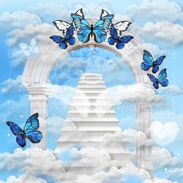Sky Blue Butterflies Heaven Stairway Angel Wings Memorial Background PNG add photo rest in peace template for funeral RIP Memorial