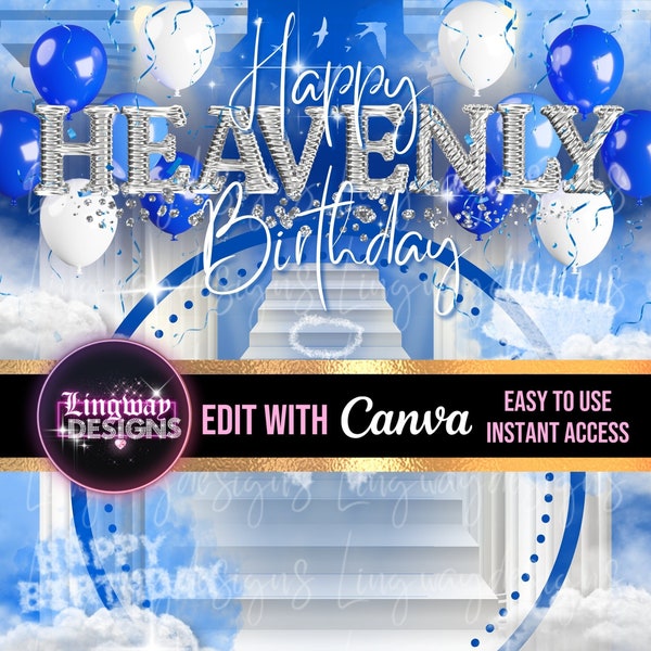 Blue Silver Heavenly Birthday Heaven Stairs Forever In Our Hearts Angel Wings PNG add photo rest in peace template for funeral RIP Memorial