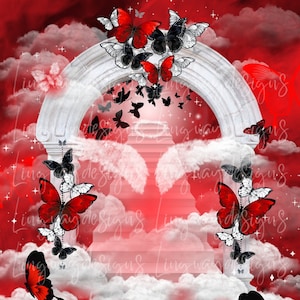 Red Black Butterflies Heaven Stairway Angel Wings Memorial Background PNG add photo rest in peace template for funeral RIP Memorial