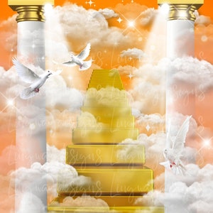 Orange Sky Gold 24k Stairs Heavens Gate Background Angel Doves Memorial PNG add photo rest in peace template for funeral RIP memorial