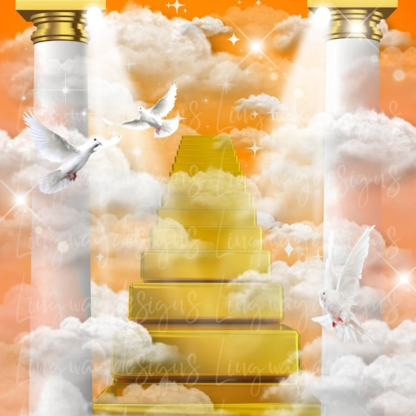 Orange Sky Gold 24k Stairs Heavens Gate Background Angel Doves Memorial PNG add photo rest in peace template for funeral RIP memorial