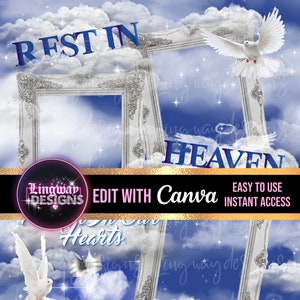 Blue Sky Silver Frames Rest In Heaven Doves Angel Wings Memorial PNG add photo rest in peace template for funeral RIP memorial