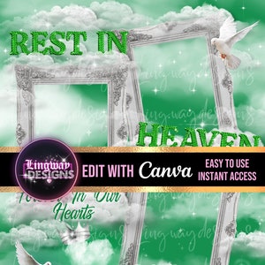 Green Sky Silver Frames Rest In Heaven Doves Angel Wings Memorial PNG add photo rest in peace template for funeral RIP memorial image 1