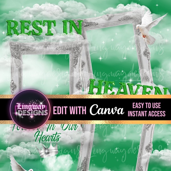 Green Sky Silver Frames Rest In Heaven Doves Angel Wings Memorial PNG add photo rest in peace template for funeral RIP memorial