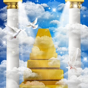Blue Sky Gold 24k Stairs Heavens Gate Background Angel Doves Memorial PNG add photo rest in peace template for funeral RIP memorial