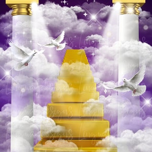 Purple Sky Gold 24k Stairs Heavens Gate Background Angel Doves Memorial PNG add photo rest in peace template for funeral RIP memorial
