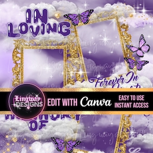 Purple Sky Gold Frames In Loving Memory Butterflies Forever In Our Hearts PNG add photo rest in peace template for funeral RIP memorial
