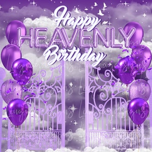 Puede incluir: Gráfico morado y blanco con el texto "Happy Heavenly Birthday" y "Forever In Our Hearts". El gráfico presenta una puerta, nubes, estrellas y globos.