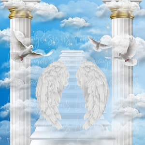 Sky Blue Heavens Stairway Angel Wings Memorial Background PNG add photo rest in peace template for funeral RIP Memorial