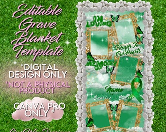 Green Sky Butterflies Gold Frames Heaven In Loving Memory Grave Blanket Editable Template add photo PNG Rest In Peace RIP Cemetery Memorial
