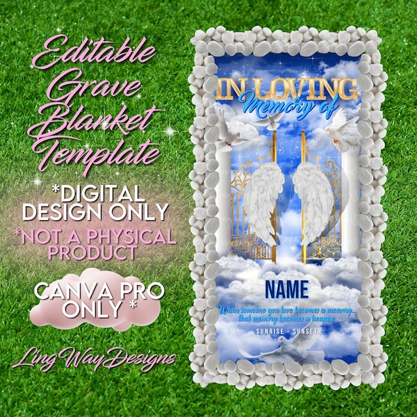 Blue Gold Heaven Gates In Loving Memory Grave Blanket Editable Template add photo PNG Rest In Peace RIP Cemetery Memorial