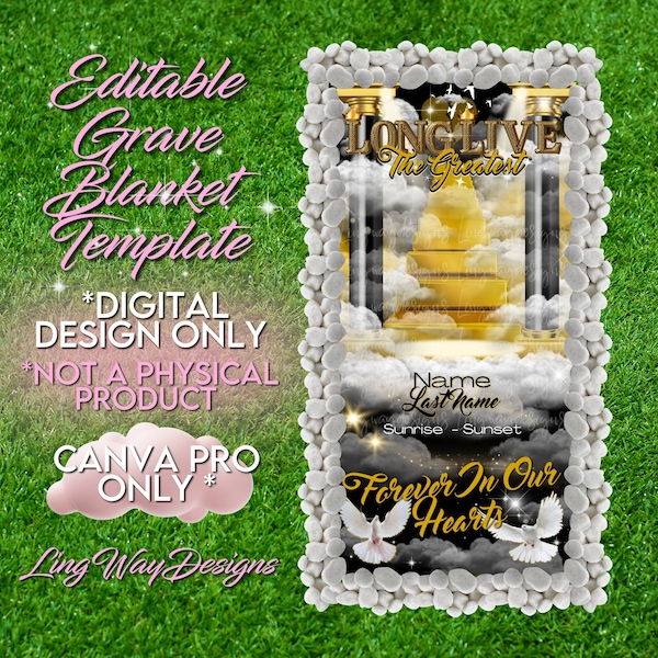 Gold 24k Heaven Stairs Long Live The Greatest Grave Blanket Editable Template add photo PNG Rest In Peace RIP Cemetery Memorial