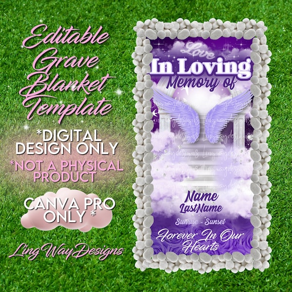 Purple In Loving Memory Heaven Stairs Angel Wings Grave Blanket Editable Template add photo PNG Rest In Peace RIP Cemetery Memorial