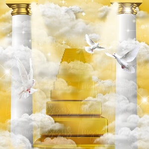White Pillars Gold 24k Stairs Heavens Gate Background Angel Doves Memorial PNG add photo rest in peace template for funeral RIP memorial