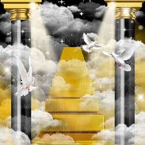 Gold 24k Stairs Heavens Gate Background Angel Doves Memorial PNG add photo rest in peace template for funeral RIP memorial