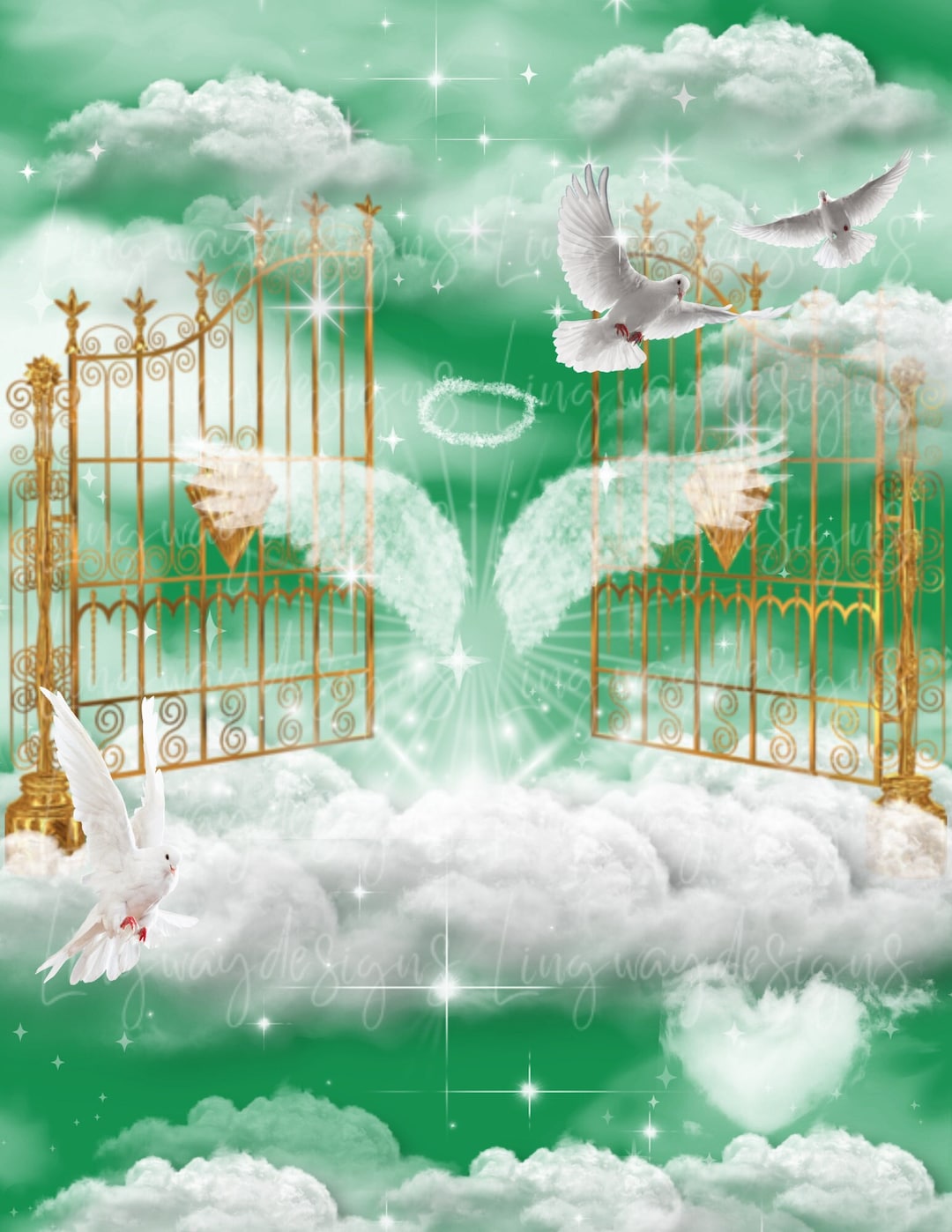 Green Sky Heaven Forever in Our Hearts Angel Wings Memorial Background
